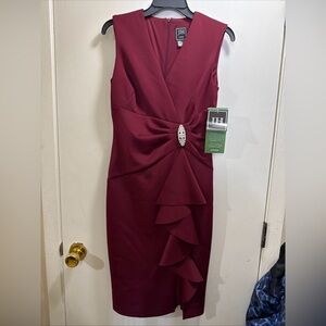 JH Burgundy Midi Dress with Jewel Accent